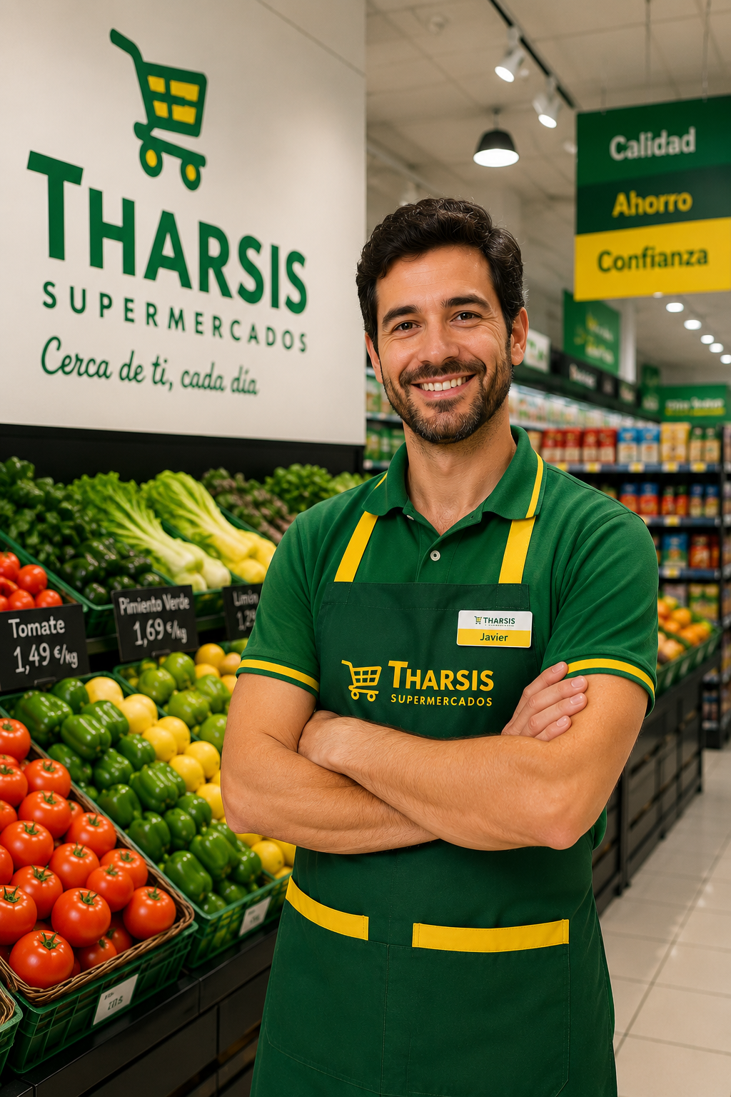 Tendero de supermercado Tharsis con uniforme verde y amarillo